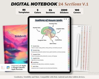 May include: Digital notebook with 85 templates, 5 colors, 24 sections, 2500 stickers, and 100 covers. The notebook features a colorful cover with a mountain and lake scene. The notebook is compatible with iPad, Android, and other tablets. The notebook is integrated with Apple and Google Calendar, and Apple Reminder. The notebook includes a page with a diagram of the human brain.
