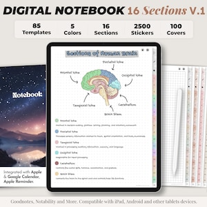 デジタル ノートブック、デジタル ノート、学生用ノートブック、ジャーナル、Notability テンプレート、GoodNotes テンプレート、iPad ノートブック - 16 セクション ノートブック V1