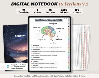 Digital Notebook, Digital Notes, Student notebook, Journal, Notability template, goodnotes template, iPad Notebook - 16 sections Notebook V1