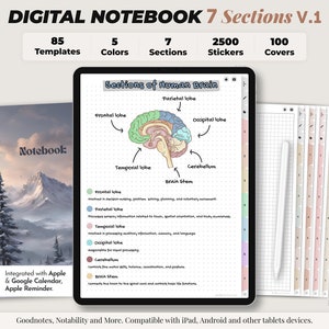 デジタル ノートブック、デジタル ノート、学生用ノートブック、ジャーナル、Notability テンプレート、GoodNotes テンプレート、iPad ノートブック - 7 セクション ノートブック V1