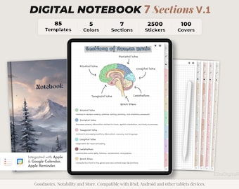 Digital Notebook, Digital Notes, Student notebook, Journal, Notability template, goodnotes template, iPad Notebook - 7 sections Notebook V1