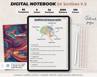 Digital Notebook with Tabs Goodnotes Digital Notebook Templates Student Digital Notebook Cover Digital Notebook Paper Digital Notes, 24 tabs