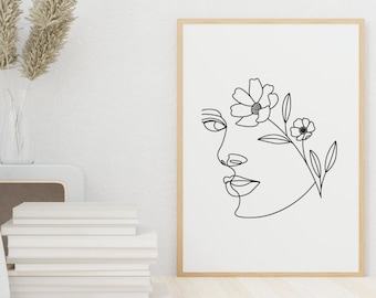 抽象的な女性の顔の線画アートプリント：ミニマリストの描画（デジタル