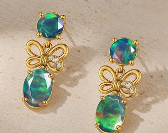 Black Opal Gemstone Butterfly Style Stud Earring, Natural Opal Gemstone Stud Earring, October Birthstone Earrings, Handmade Gift for Her