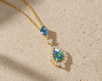 AAA Black Opal Gemstone Long Charm Pendant, Genuine Opal Gold Chain Pendant Necklace, Fire Opal Handmade Jewelry, Birthstone Necklace
