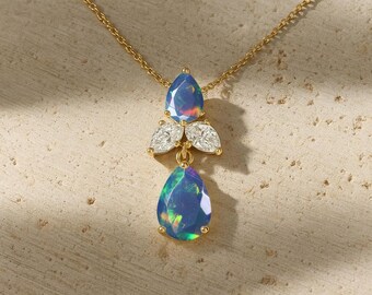Fire Black Opal Gemstone Unique Charm Pendant, Genuine Opal Gold Chain Pendant Necklace, Fire Opal Handmade Jewelry, Birthstone Necklace