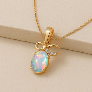 Natural Ethiopian Opal Gemstone Gold Pendant, Multifire Opal Gold Chain Pendant Necklace, Delicate Opal Jewelry, Handmade Gift for Women