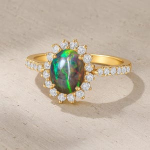 Multifire Black Opal Gemstone Gold Statement Ring, Natural Opal Gemstone Gold Ring, October Birthstone Ring for Women, Delicate Opal Ring
