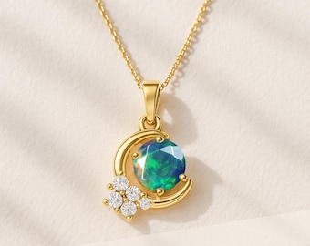 Natural Black Opal Gemstone Moon Charm Necklace, Multifire Opal Gemstone Gold Chain Necklace, October Birthstone Jewelry, Statement Gift