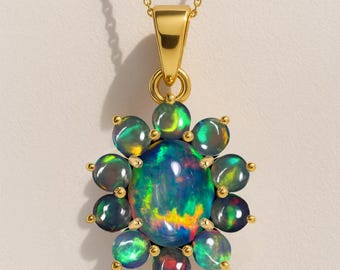 AAA Black Opal Gemstone Charm Pendant Necklace, Multifire Opal Gemstone Gold Chain Necklace, October Birthstone Necklace, Gift for Her