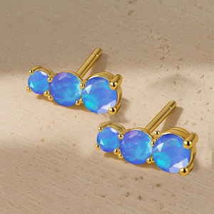 Fire Blue Opal Gemstone Gold Stud Earring, AAA Genuine Opal Gemstone Stud Earring, October Birthstone Earrings, Delicate Gift for Her