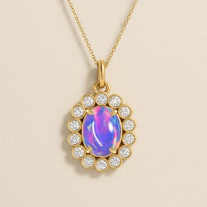 Lavender Opal Gemstone Floral Pendant Necklace, Ethiopian Opal Gemstone Gold Chain Pendant, October Birthstone Gold Pendant for Women