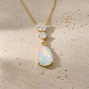Natural Opal Pear Style Charm Gold Necklace, AAA Natural Opal Gemstone Gold Chain Pendant, Opal Birthstone Jewelry, Delicate Gift for Her