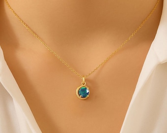 Fire Black Opal Half Moon Pendant Necklace, 18K Gold Vermeil Chain, October Birthstone