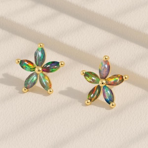 Fire Black Opal Gemstone Floral Style Stud Earring, Genuine Opal Gemstone Stud Earring, October Birthstone Earrings, Handmade Gift for Her