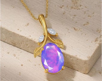 Fire Lavender Opal Gemstone Leaf Style Gold Pendant, AAA Opal Gold Chain Pendant Necklace, Opal Handmade Jewelry, Delicate Necklace Gift