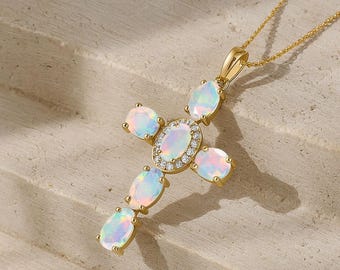 Multifire White Opal Gemstone Gold Cross Pendant, Ethiopian Opal Gold Chain Pendant Necklace, Handmade Jewelry, Birthstone Necklace Gift