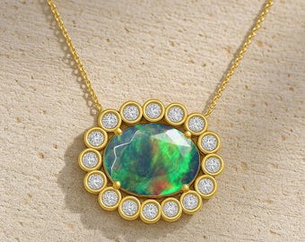 AAA Black Opal Gemstone Oval Charm Pendant, Natural Opal Gold Chain Pendant Necklace, Fire Opal Handmade Jewelry, Birthstone Necklace Gift