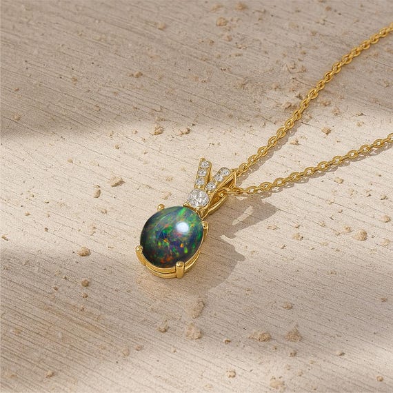 Multifire Black Opal Gemstone Pendant Necklace, Genuine Opal