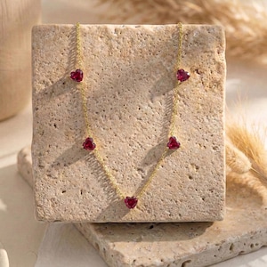 Natural Ruby Station Necklace for Women, Yellow Gold Plated Heart Cut Necklace, July Birthstone Jewelry Gift for Mother, Wife