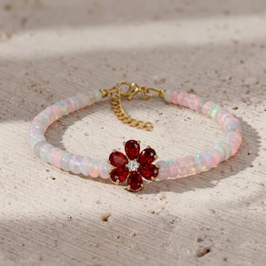 Opal Beaded Bracelet with Ruby Flower | Dainty Gemstone Bracelet | Floral Gold Bracelet | July Birthstone Gift for Her