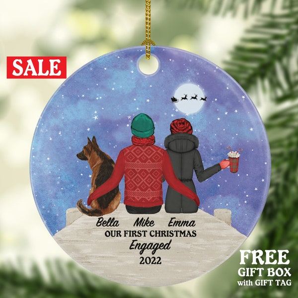 Engaged Couple with Dog Cat Pet Personalized Christmas Ornament First Engagement Announcement Custom Lover Owner Fur Holiday Rescue Breeds
