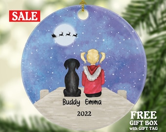 Girl with Dog Cat Pet on the dock Personalized Christmas Ornament Custom Daughter Lover Owner Gift Fur Holiday Rescue Breeds