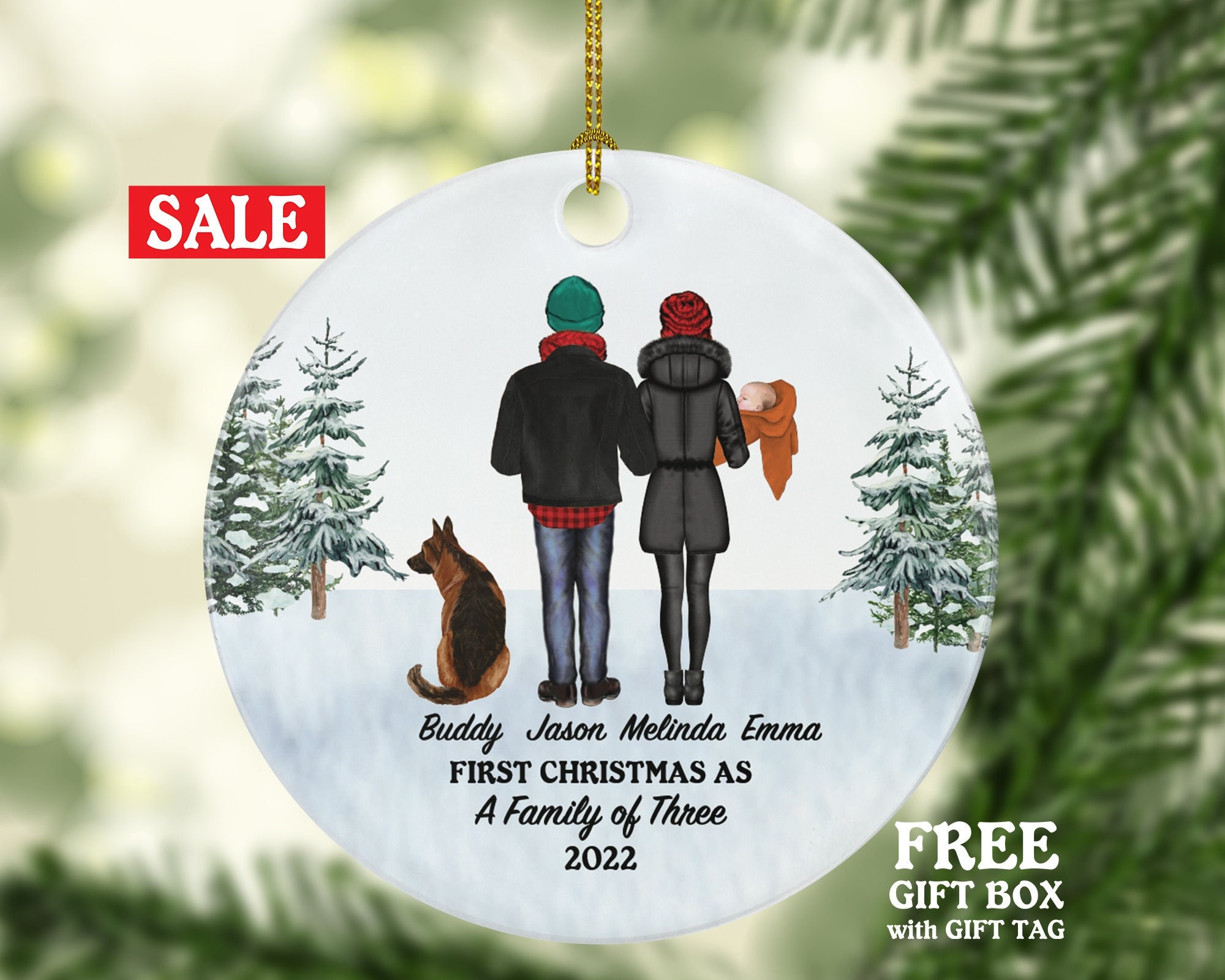 Family of 3 With Baby Infant and Dog Cat Pet Personalized Christmas ...