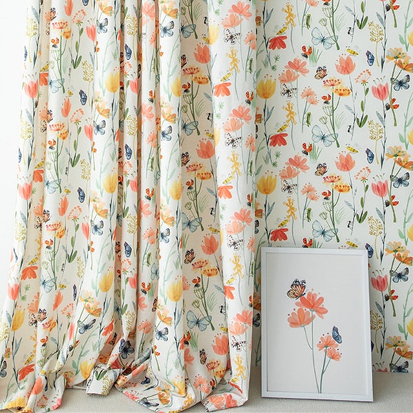 Butterfly Bee Flowers Pattern Curtain Coral Color Floral Curtains For Girls Bedroom Nursery Curtain Baby Room Curtain Living Room Curtains
