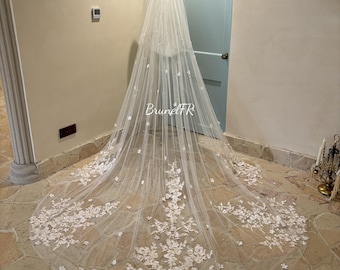 Spring Pink Champagne Flower Veil Double Layers Veil Bridal Cathedral Veil Blusher Veil Ivory Tulle Veil Stunning Veil Regal Fairy Lace Veil