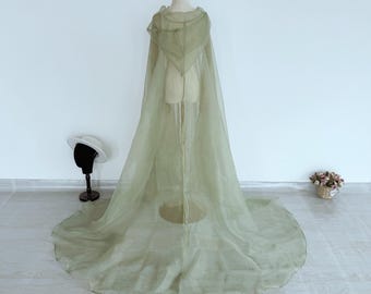 Organza Hooded Cloak Green Organza Cape Perfermance Cape Festival Party Cloak Plain Green Hooded Cape Dress Accessory Sheer Cape for Bride