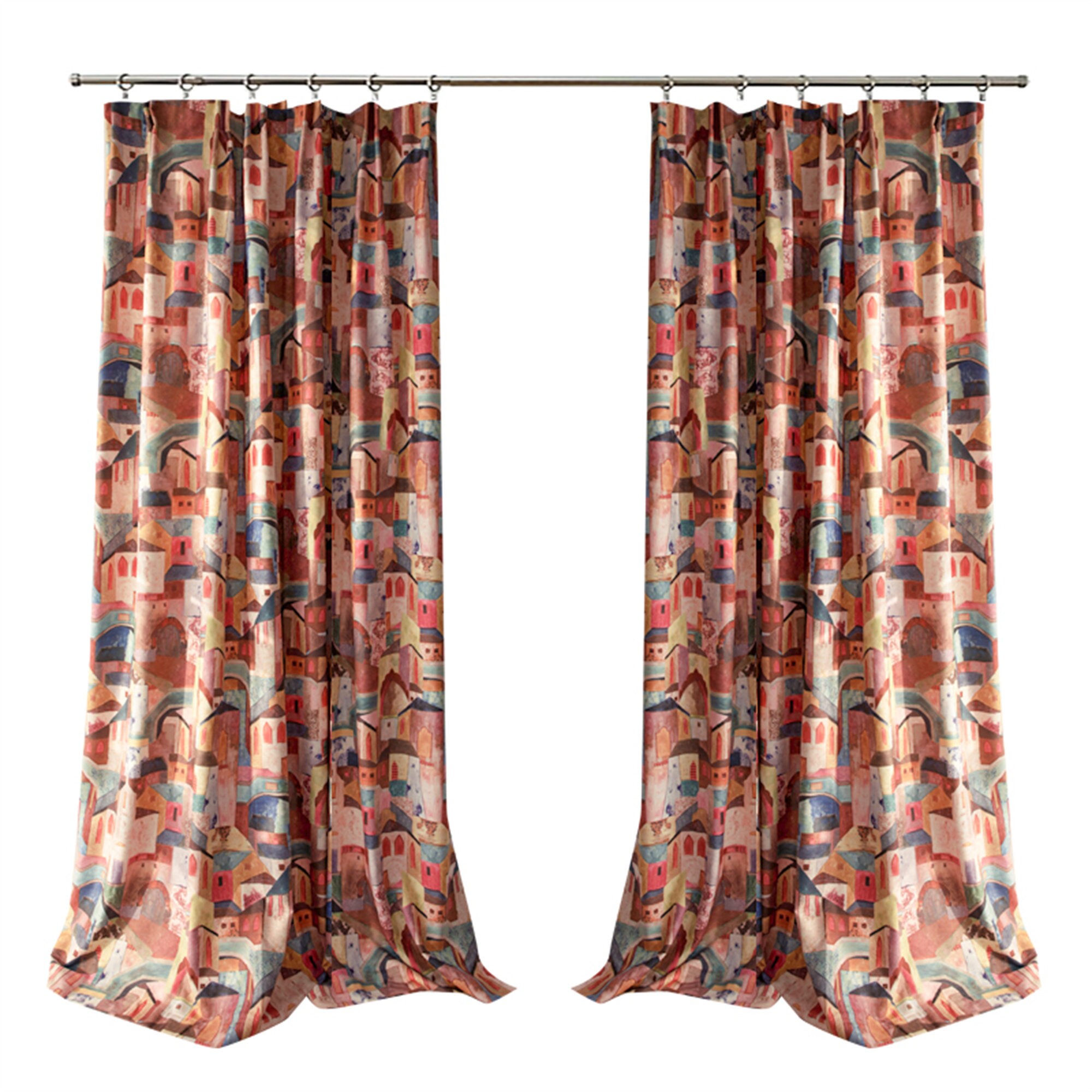 Vintage Red Curatins Bohemian Curtain Geometric Pattern Curtains Orange