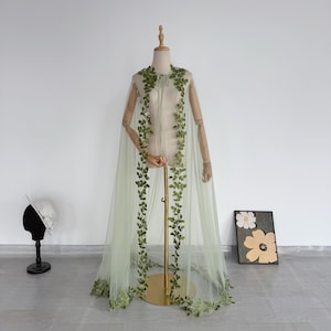 Hooded Wedding Cape Green Leaf Lace Bridal Cloak Lace Edge Cape for Bride Long Wedding Dress Cape Sage Green Wedding Cloak Custom Tulle Cape