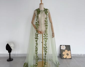 Hooded Wedding Cape Green Leaf Lace Bridal Cloak Lace Edge Cape for Bride Long Wedding Dress Cape Sage Green Wedding Cloak Custom Tulle Cape
