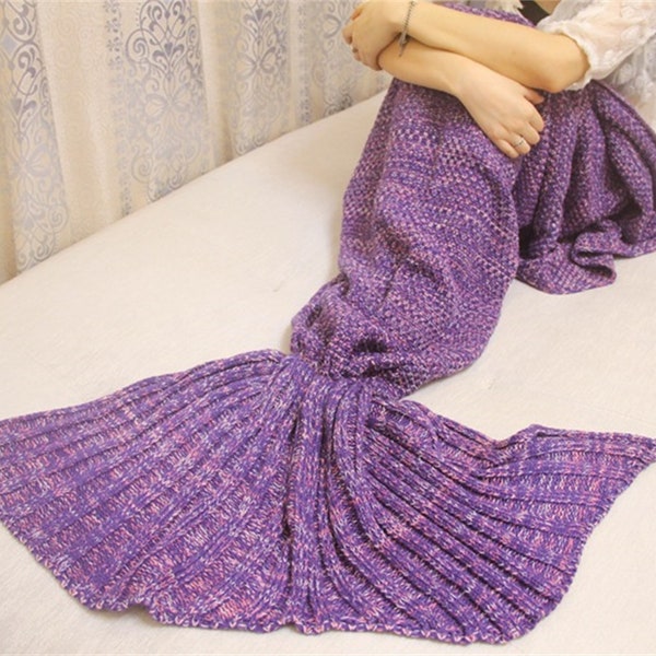 Mermaid Tail Blanket, 6 Colors Woven Blanket, Purple Blanket for Adults, Handmade Blanket, Sleeping Bag Blanket, Throw Blanket, 195×90cm