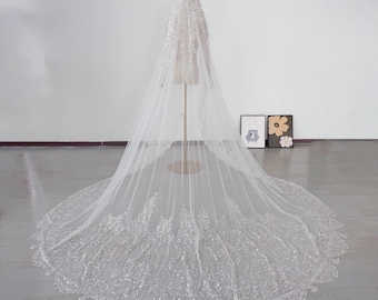 Sparkling Mantilla Wedding Veil with Sequins and Beads Cathedral Long Bridal Veil Shiny Lace Veil Beaded Lace Veil Mantilla Lace Veil 1 Tier