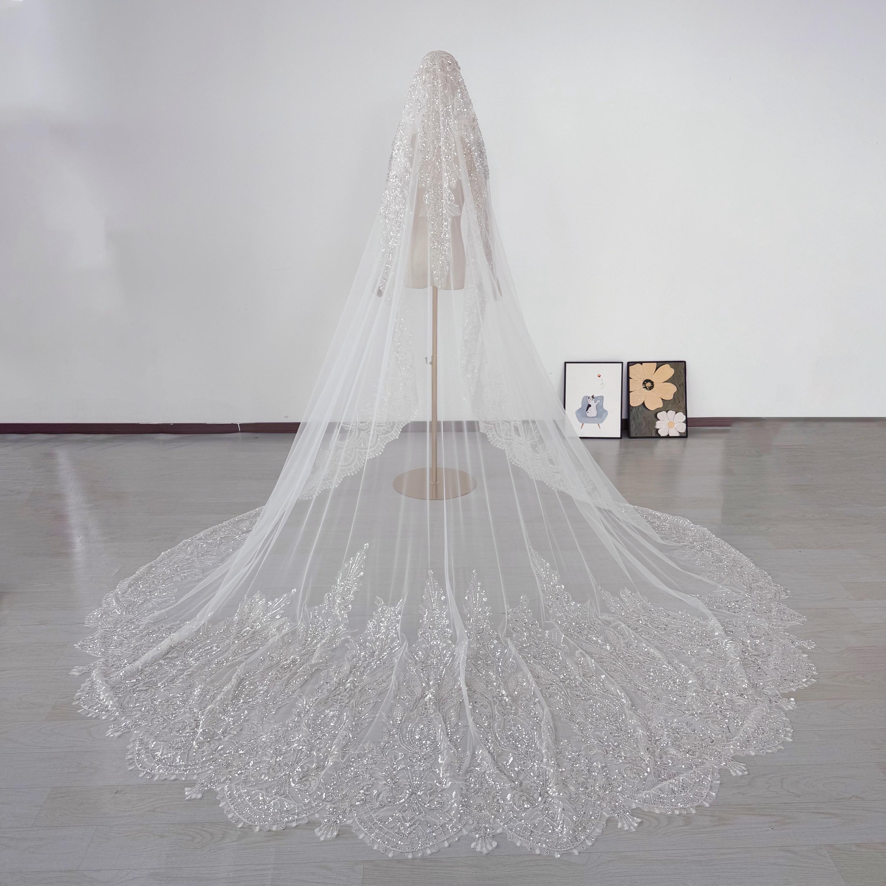TINAYAUE Voile De Mariée En Dentelle Avec Paillettes - Peigne Insertion - Bleu Rouge Vert