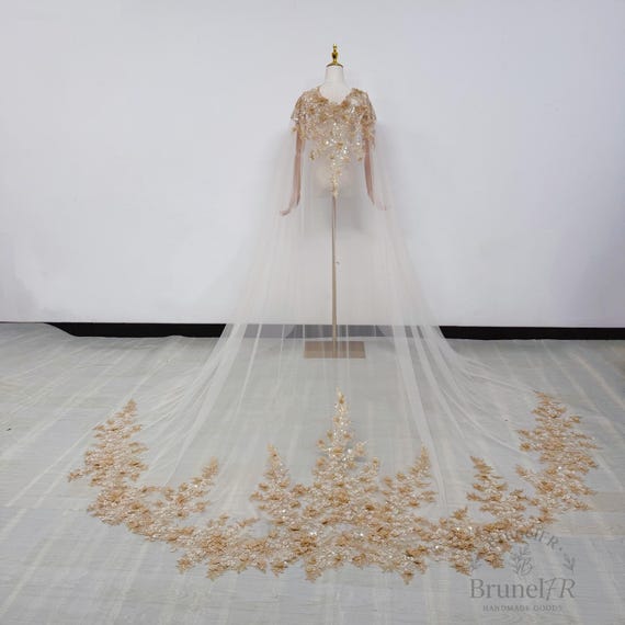 Luxury Gold Lace Wedding Cape,Floral Lace Chapel Bridal Cloak,Champagne Tulle Shoulder Wrap,Beaded Lace Bridal Cape,Pearl Bridal Cover-up,