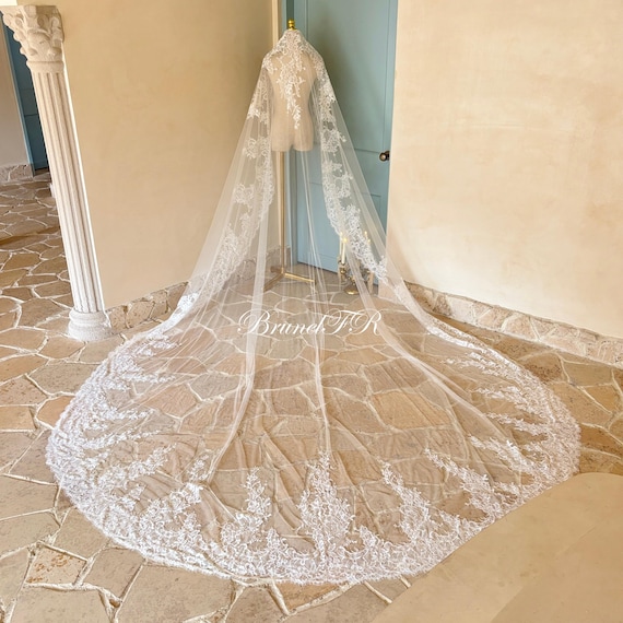 Boho Cathedral Mantilla Wedding Veil With Comb, Soft Ivory  display picture 1