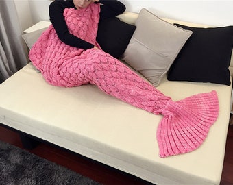 Pink Mermaid Tail Blanket, Cozy Sofa Blanket, Hand knit Fish scale Blanket, Sleeping bag Blanket, Bedding Throw Blanket, Home Decor 180×90cm