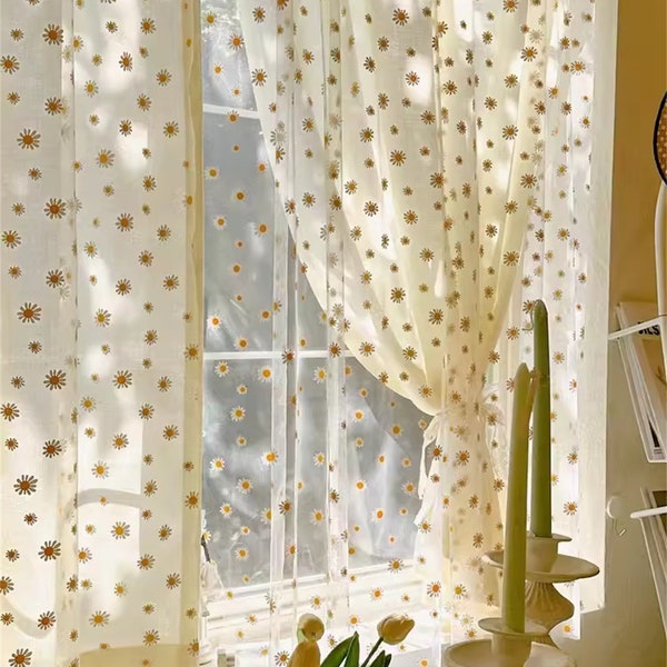 Double Layers Daisy Farmhouse Beige Curtains Flower Boho Curtain Living Room Curtains French Retro Curtains Custom Curtains Bedroom Curtains