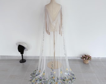 Multicolored Lace Bridal Cape Daisy Flower Shoulder Cape for Wedding V Back Wedding Cape Floor Length Veil Custom Cape Veil Ivory Lace Veil