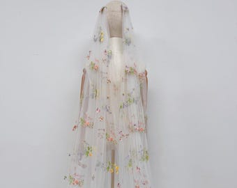 Colorful Floral Embroidered Veil,Cottagecore Wedding Veil,Wildflower Bridal Cape with Small Combs,Chapel Length Cape Veil,Ivory Floral Veil
