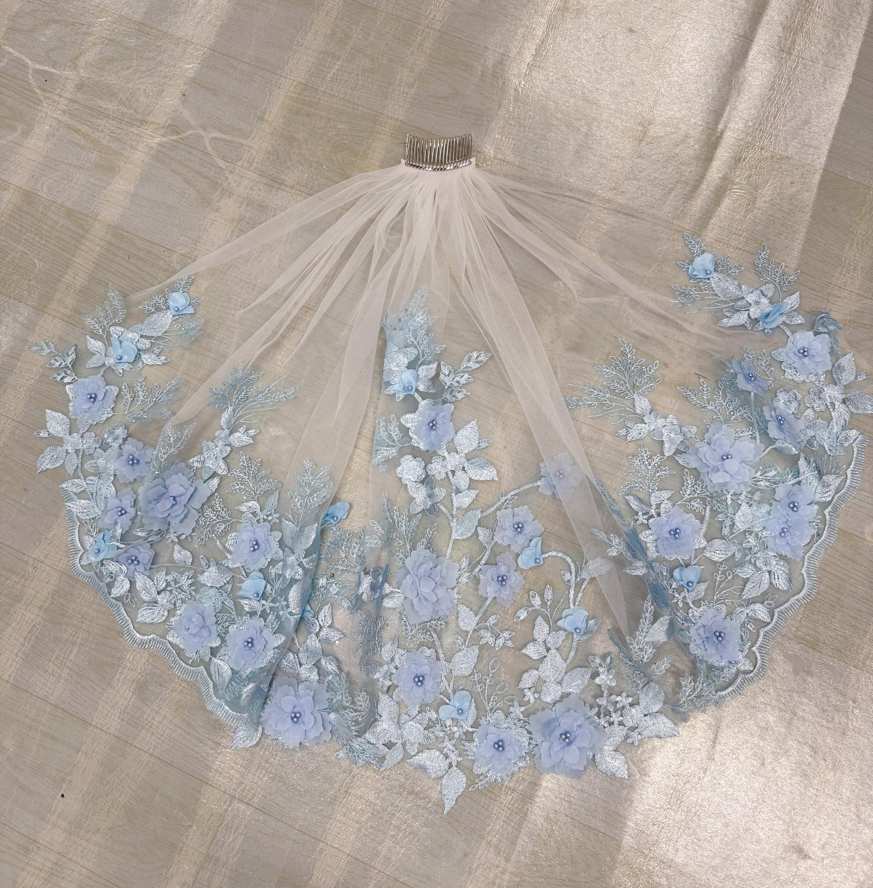 Soft Tulle Wedding Veil with Blue Lace,3D Flower Lace Bridal Veil,…