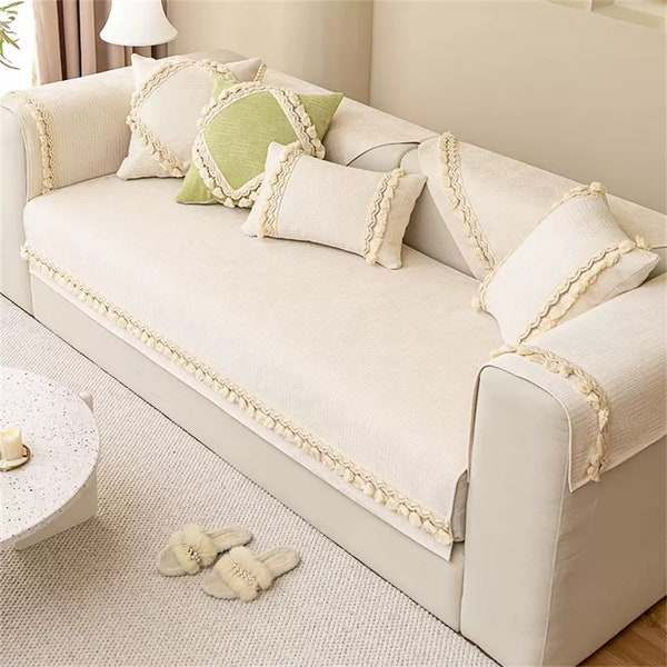 Beige Non-Slip Chenille Sofa Cover Green Minimalist Soft Chenille Washable Cushion Blue Couch Slipcover Couch Cover Pet Furniture Protector