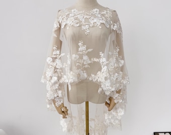Soft Champagne Tulle Wedding Cape Champagne Lace Bridal Cape Shawl Floral Lace Cape Long Lace Capelet for Bride Party Cape Flower Lace Cape