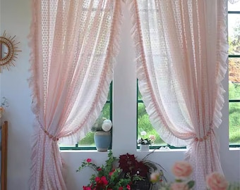 Pink Lace Farmhouse Floral Ruffled Curtains Flower Boho Curtain Living Room Curtains French Retro Curtains Custom Curtains Bedroom Curtains