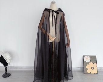 Cool Black Organza Cape Hooded Cape Wedding Dress Cape Performance Cape Sheer Organza Cape Black Hooded Cloak Long Party Cape Simple Cloak