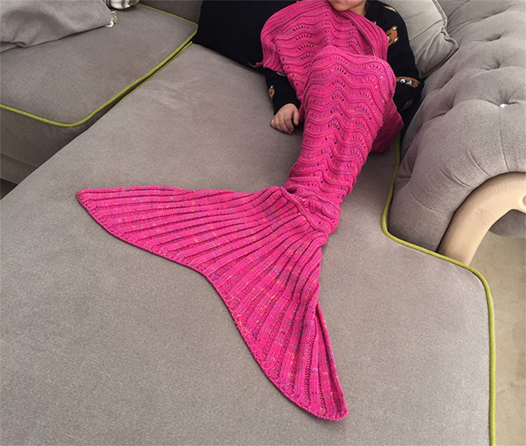Rose Pink Mermaid Tail Blanket for Kids, Blue Woven Blanket, Cozy