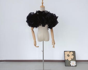 Chal de novia negro para vestido de noche, chal de organza para novia, chal con hombros descubiertos, capa de novia, chal negro para boda, color personalizado